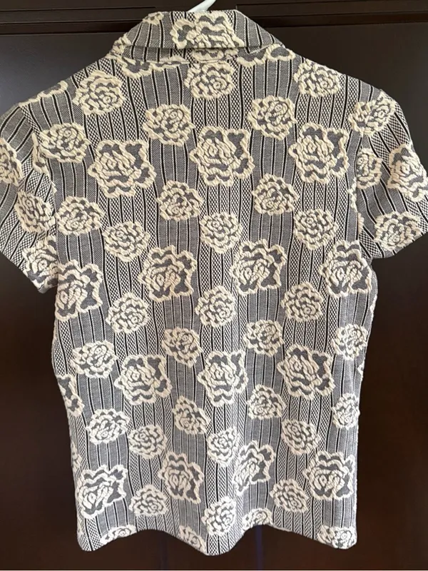 Anthropologie Maeve Floral Jacquard Zip Neck Polo Top Black Cream Size XS - Image 10