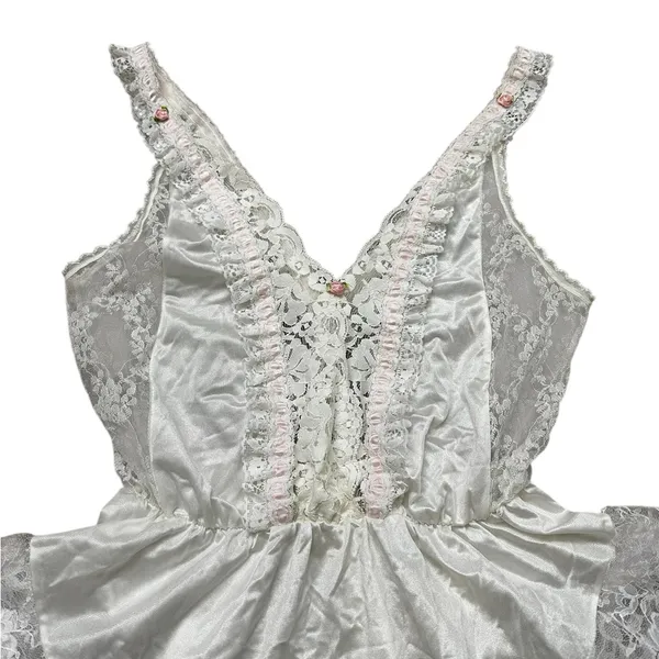 Vintage Tosca Teddy Lingerie White Nylon Pink Ruffle Lace Coquette Sexy Feminine - Image 2