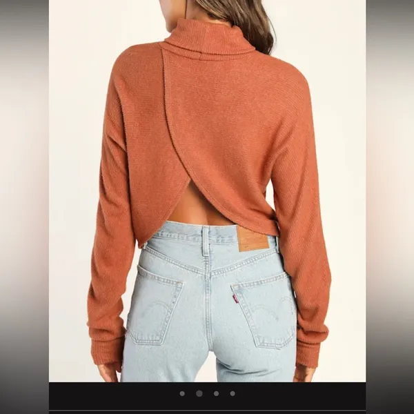 Lulus Sip On Cider Rust Orange Ribbed Turtleneck Cross Back Top - Size L - Image 2