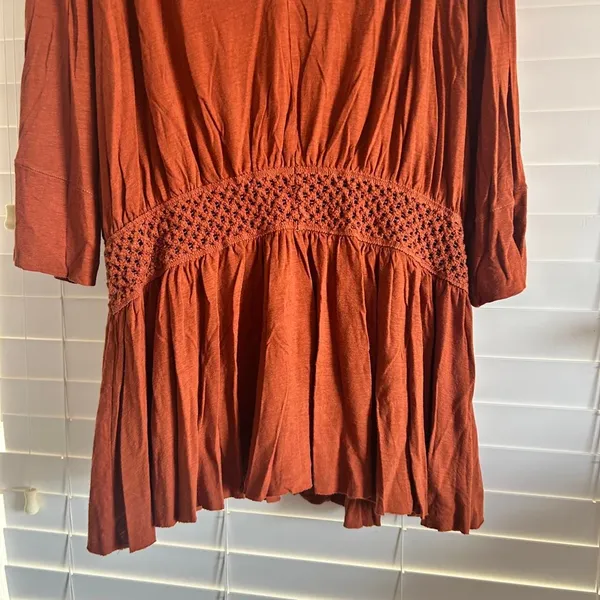 Free People Rust Lace Inset baby doll Boho Tunic Top Size M - Image 4