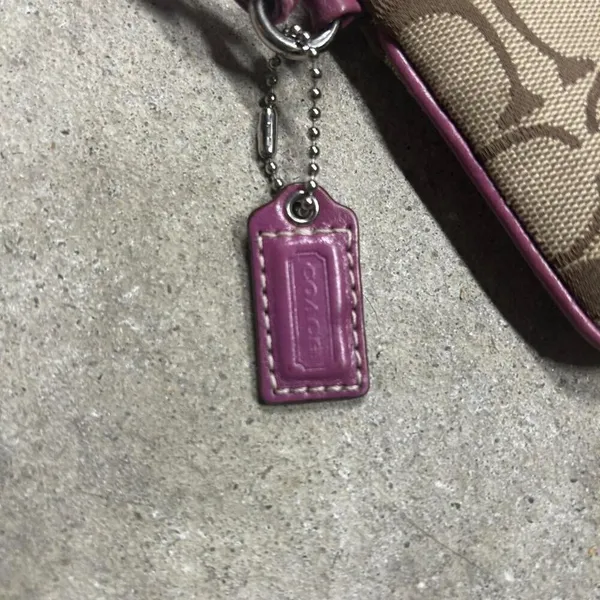 Coach Signature Logo Leather Zip Wristlet Tan & Purple - Image 2