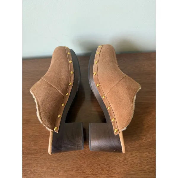 Ugg 7 Womens Chestnut Suede Leather Sherpa Lined Studded Slip On Mule Clog - Image 7