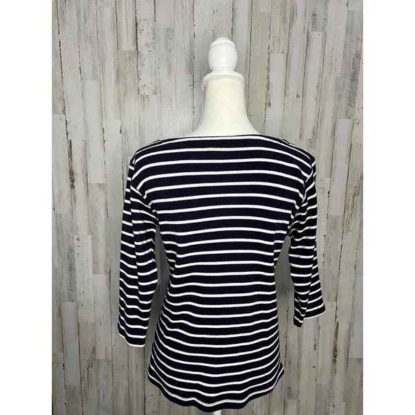 L.L.Bean Women's Medium Navy/White Striped 3/4 Sleeve Boat Neck Blouse‎ - Image 7