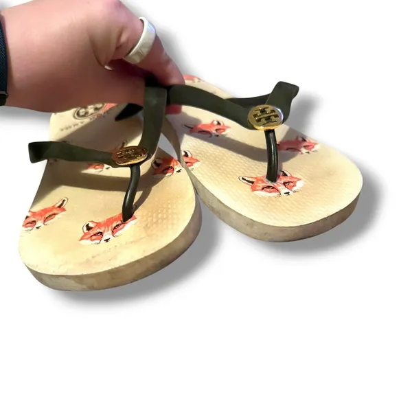 Tory Burch Fox Print‎ Flip Flops Womens 12 Cream Thong Sandals Logo Summer Beach - Image 2