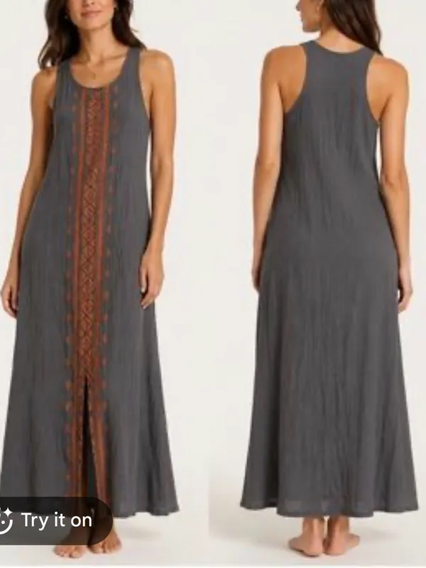 Solitaire Gray Maxi Dress with Rust Embroidered Panel, size XS - Image 2