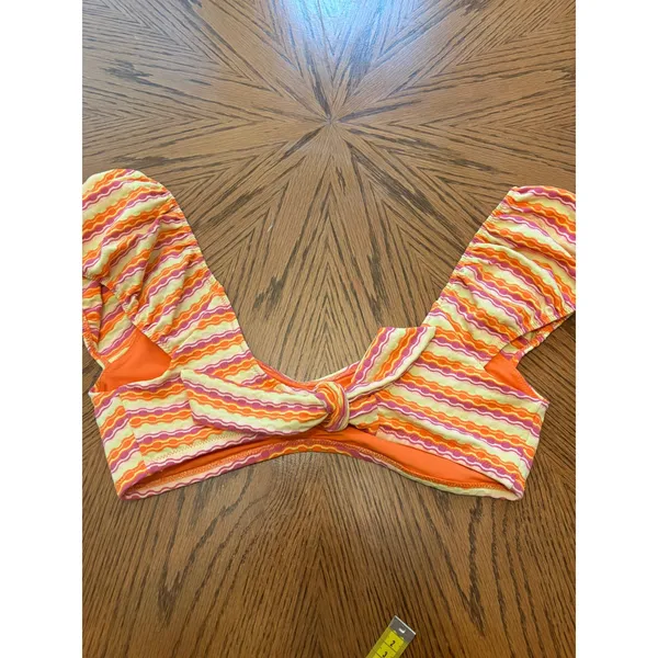 Aerie Real Orange Pink Striped Flutter‎ Sleeve Tie Back Bikini Top Large - Image 4