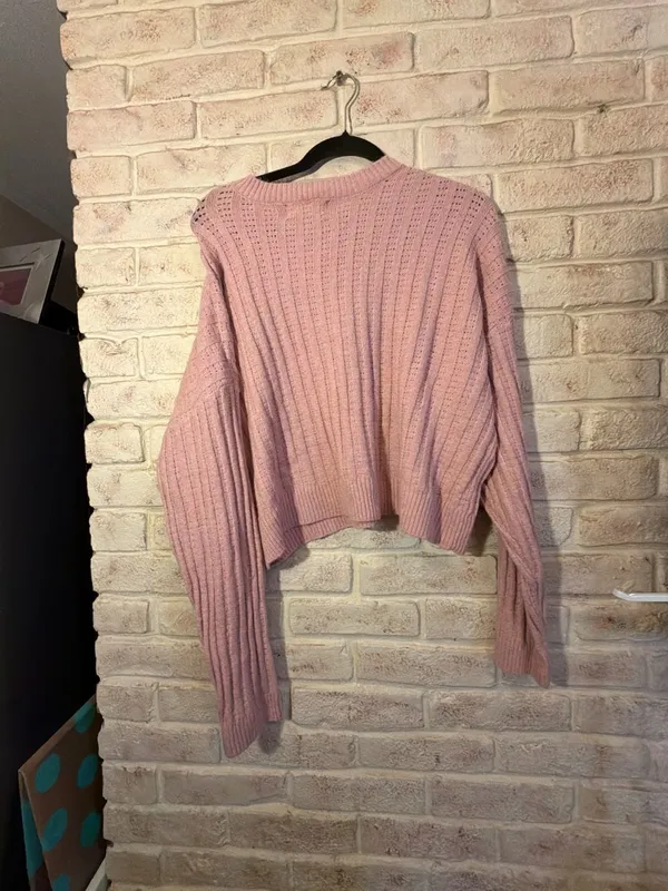 No Boundaries Pink Pointelle Henley Drop Shoulder Pullover Sweater - Image 4