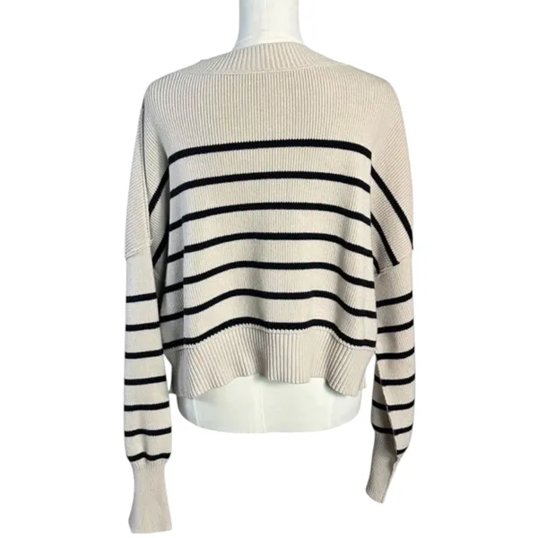 Free People Easy Street Stripe Crop Pullover Medium Cream Black Coastal Preppy - Image 12