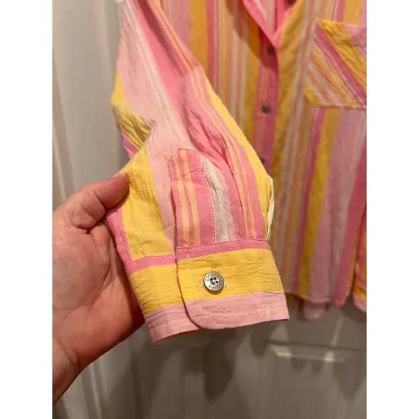 Escape by Habitat Clothes Pink Yellow Striped Seersucker Button‎ Up Shirt Large - Image 4