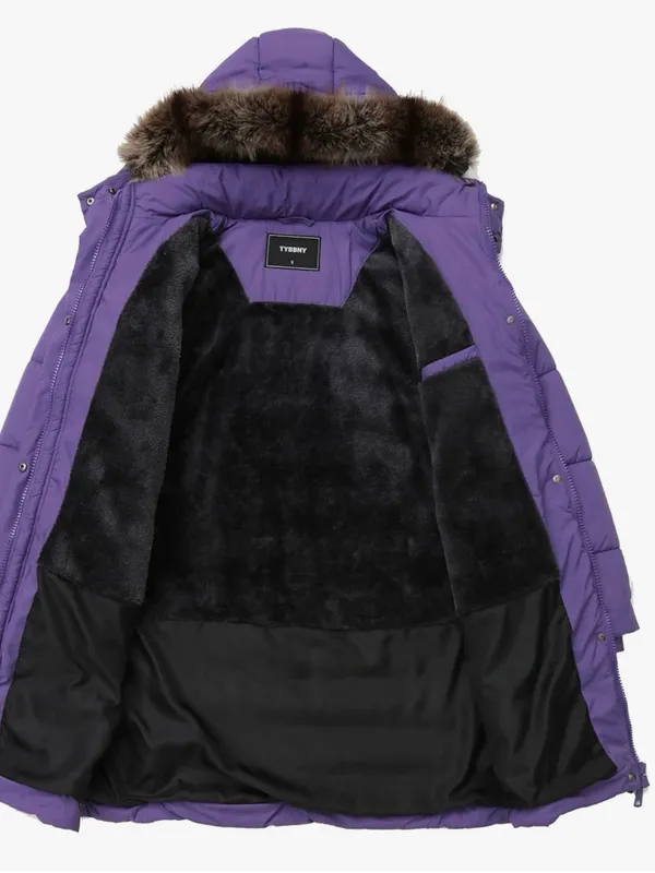 Women's Purple Quilted Down Coat with Faux Fur Hood - Image 3