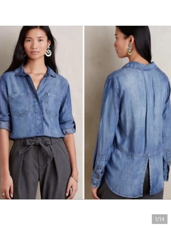 Anthropologie Cloth + Stone Chambray Split Back Button Down Top Women’s Small - Image 2