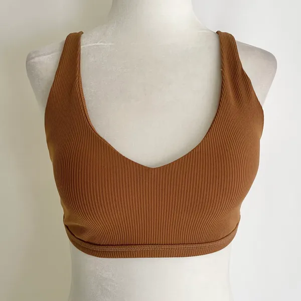 New Aerie Offline Ribbed Plunge Double Strap Mesh Back Sports Bra Brown Size Small - Image 4