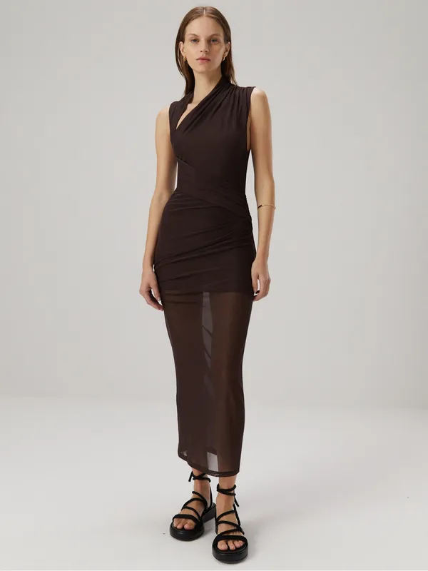 MISHA COLLECTION Tillie Asymmetric Mesh Midi Dress Umber Brown - Image 4