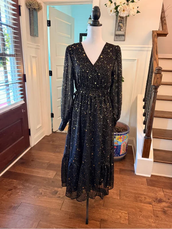 By The River NWOT Black & Gold Star Print Maxi Dress - Image 4