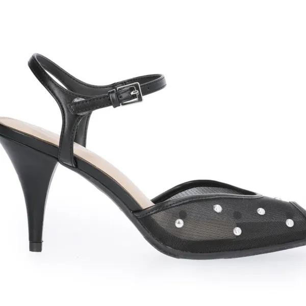 SCOOP Womens Mesh Peep Toe Studded 4” Heel Size 6.5 Ankle Strap Black Silver New - Image 2