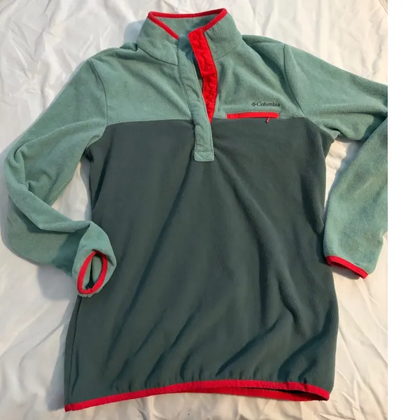 Columbia Fleece Pullover Gorpcore Green Grey‎ Red Snap Front Pocket Medium - Image 2