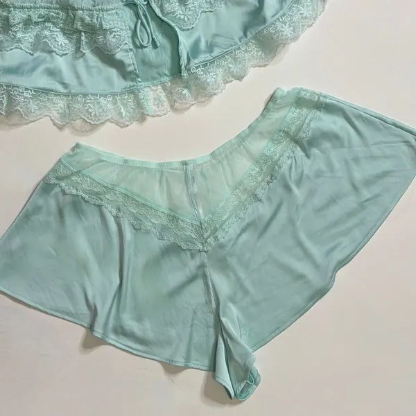 ANTHROPOLOGIE Two Piece Set Crop Lace Ruffle Cami Short Mint Green Lacey Medium - Image 10