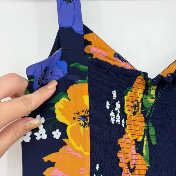Maeve Anthropologie Smocked Floral Midi Dress Navy Blue Orange‎ Yellow - Image 5