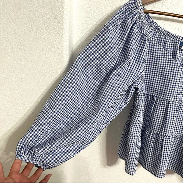 Old Navy Womens Shirt Blouse Blue White Gingham Plaid Seersucker Size Medium - Image 6