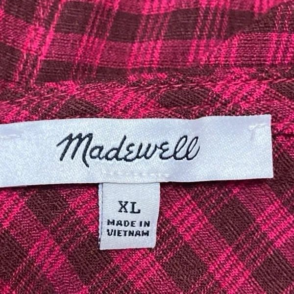 Madewell Red Long Sleeve Plaid Crinkle V Neck Tie Peplum Blouse Top Size XL - Image 3