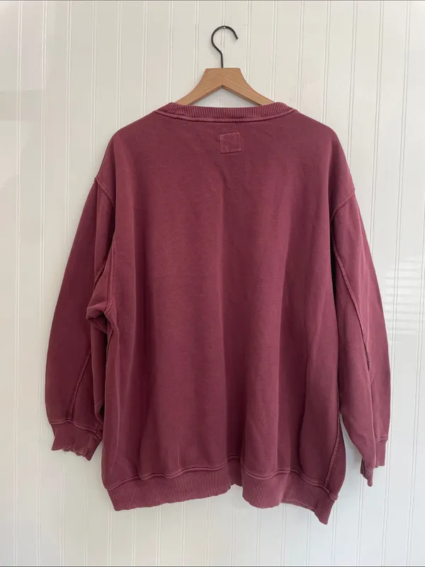 AERIE Everyday Pocket Pullover Crewneck Ribbed in Burgundy Size XL - Image 3