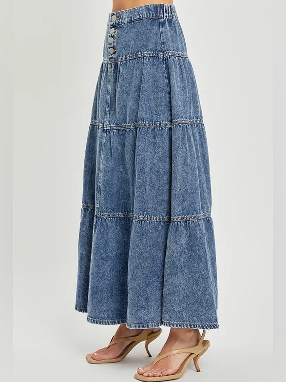 108- Risen High Rise Tiered Denim Ruffle Maxi Skirt Size XL - Image 3