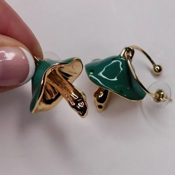 NEW! Dotted Mushroom Gold Metallic Earrings Mushrooms Dangle Dangling Teal Green - Image 2