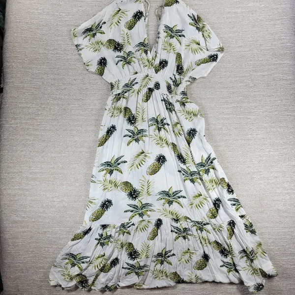 Blue Island Tropical Maxi Dress Sz L Pineapple Palm Print Rayon Tiered Open Back - Image 5