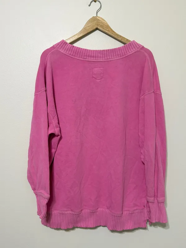 Aerie Hot Pink Down To Earth V Neck Pullover Sweatshirt Barbie Size Small - Image 6