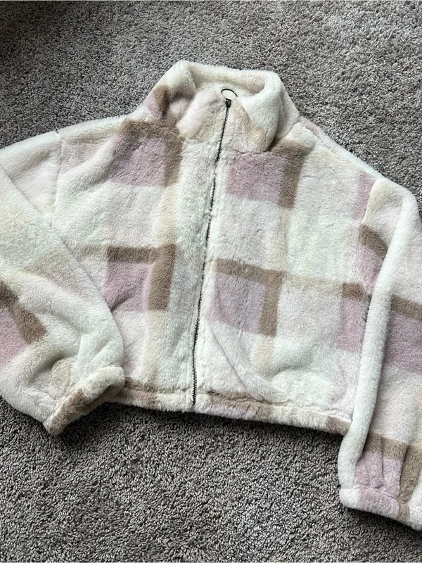 Timing Plush Zip-Up Jacket in Cream, Blush & Tan Plaid - Image 2