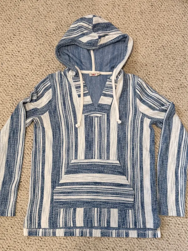 Faherty Islet Striped Poncho XS Blue Cream Hooded Coastal Baja Pullover‎ Sweater - Image 3
