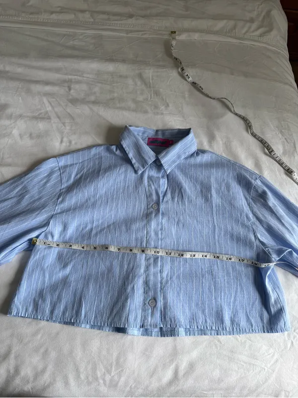 Edikted Sky Blue & White Pinstripe Button Up Crop Top Long Sleeve XS academia - Image 4