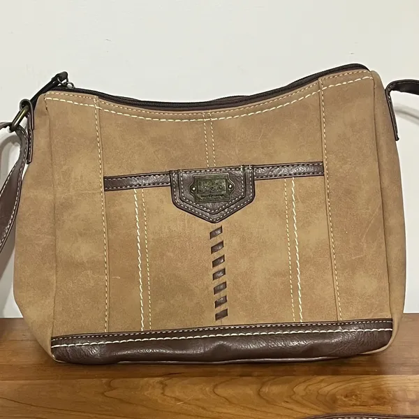 BOC Born Concept Crossbody Bag Tan Faux Suede Brown Trim Stitched‎ Messenger Bag - Image 2