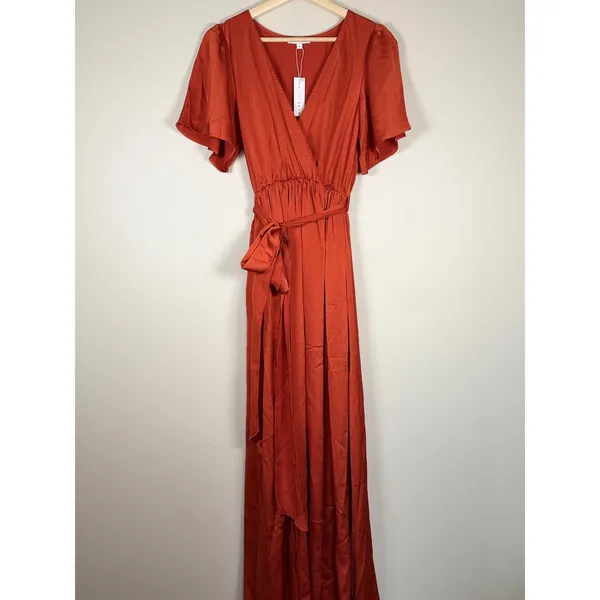 Baltic‎ Born Rust Orange Satin Maxi Wrap Dress Flutter Sleeve Tie Waist wedding - Image 2