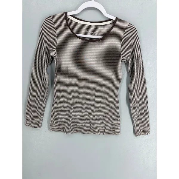 H&M Womens Long Sleeve Top Brown White Striped Scoop Neck Size M - Image 2