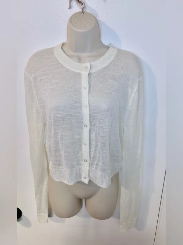 AQUA XL Ivory Linen Blend Open Knit Cardigan Lightweight Button Sweater - Image 2