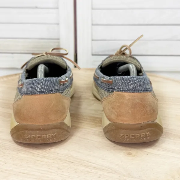 Sperry Top Sider Laguna Leather Canvas Slip On Loafer Boat Shoes‎ Tan Blue 8 - Image 6