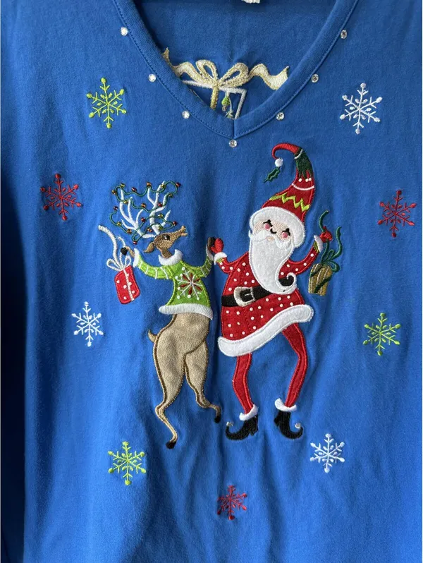 J. Two Blue Long Sleeve Christmas Sweater with Santa and Reindeer Embroidery - Image 3