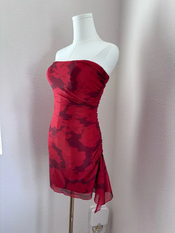 Princess Polly Red Floral Print Strapless Ruched Mini Dress (4) - Image 4