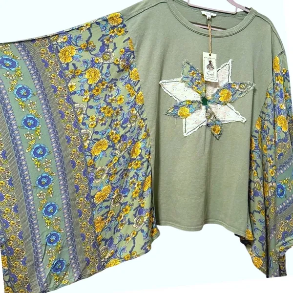 Easel Top Green Floral Patchwork Star‎ Boho Dolman Sleeve Womens Small - Image 4