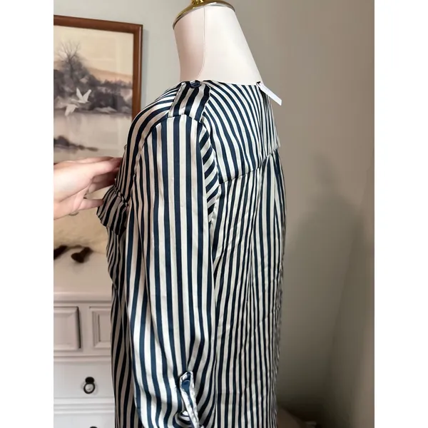 Love Culture coastal nautical Striped Satin Blouse Navy Cream Roll Tab Sleeve Button Up - Image 6