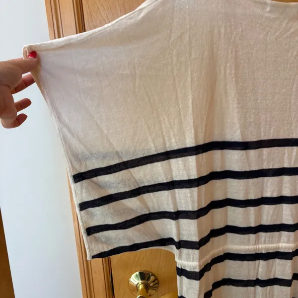 FRAME Striped Maxi Dress Womens S Cream Navy Mustard Linen Blend V-Neck Slit - Image 8