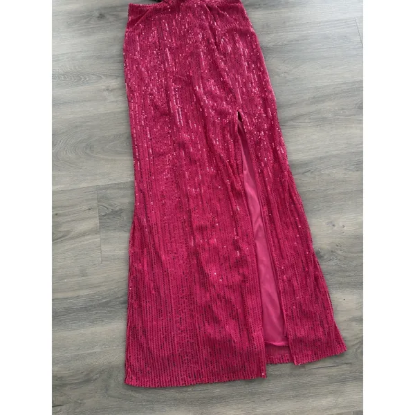 Just Quella Women's Hot Pink Sequins Deep V Neck Side Cutouts Long Formal Dress Size 0-2 - Image 2