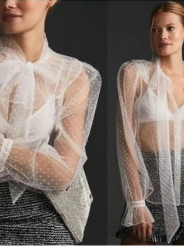 Antrhopologie white dolan Sheer Swiss Dot Tie-Neck Blouse - White - Image 2