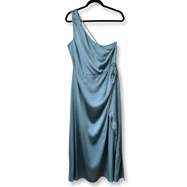 NEW Lulus Signature Elegance Slate Blue Satin One-Shoulder Pleated Maxi Dress 1X - Image 8