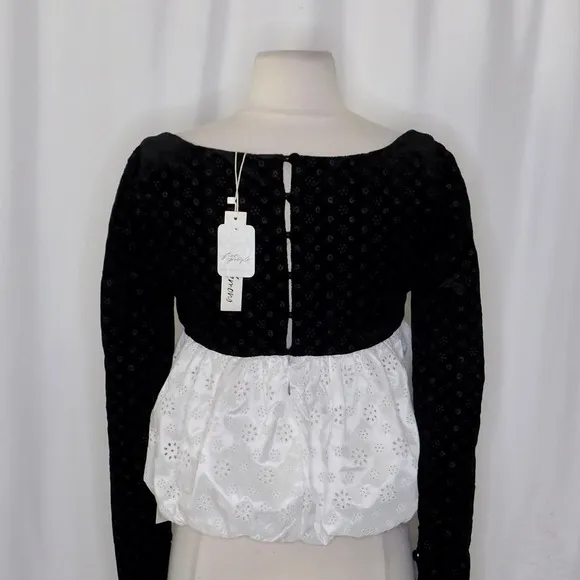 NWT!! FOR LOVE AND LEMONS‎ Elisa Long Sleeve Top Black Velvet Taffeta Eyelet XS - Image 9