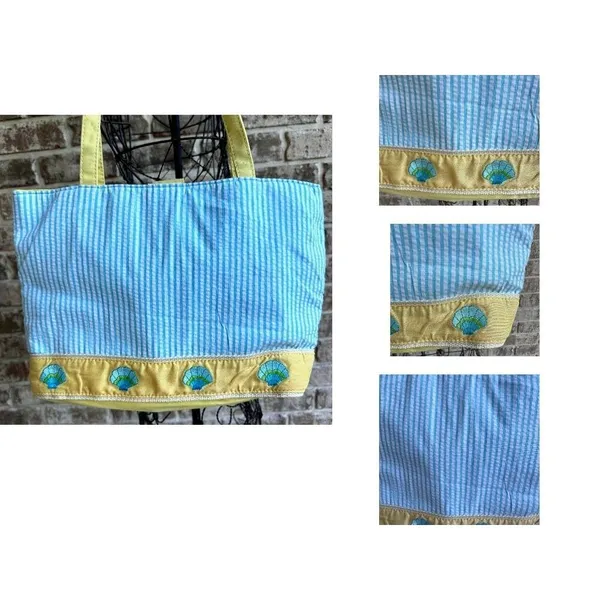 Quacker Factory Resort Blue White Seersucker Seashell Tote Bag Yellow Tr… - Image 3