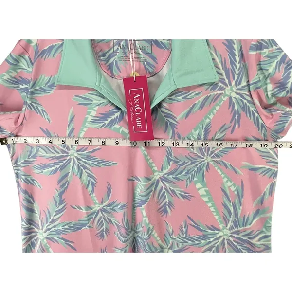Ana Clare Active Mer Top Pink Paradise Palm Print UPF 50 Golf Polo Shirt‎ Size L - Image 5