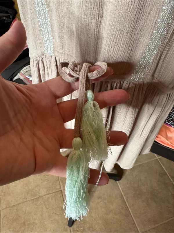 Kori America Embroidered Boho Mini Dress Taupe Aqua Tassels Size Medium - Image 5
