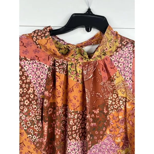 AURA Blouse Womens Size L Patchwork Tie Neck Long Sleeve Bohemian Relaxed Fit - Image 4